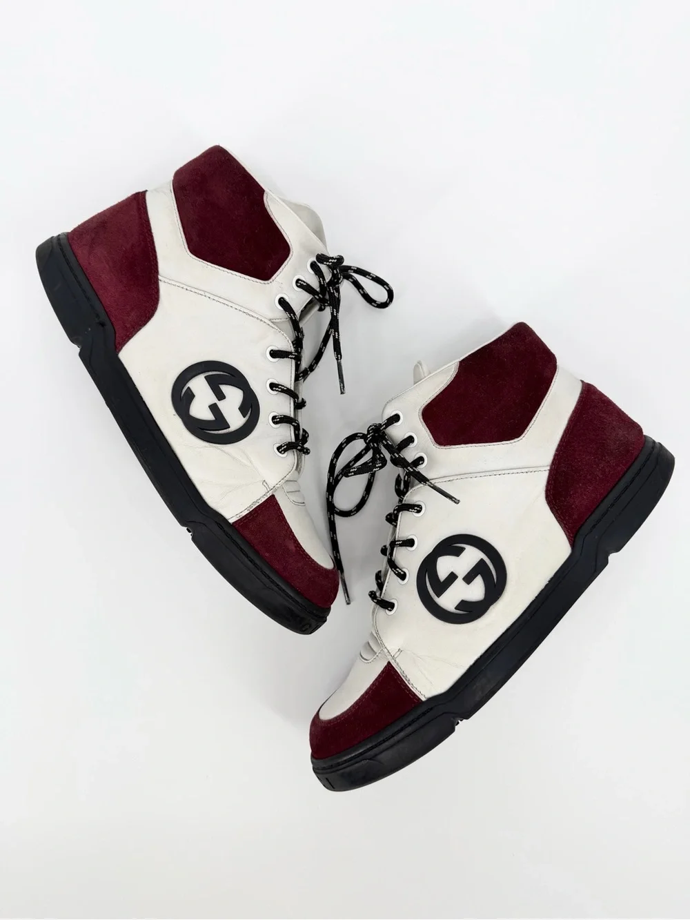 Gucci Burgundy/White GG Interlocking Leather Lace Up High Top Sneakers